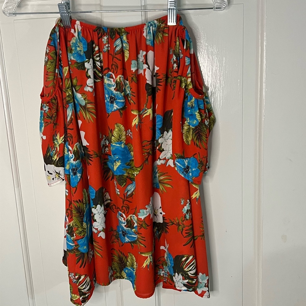 mts Red Floral Off-Shoulder Top with Blue Accents